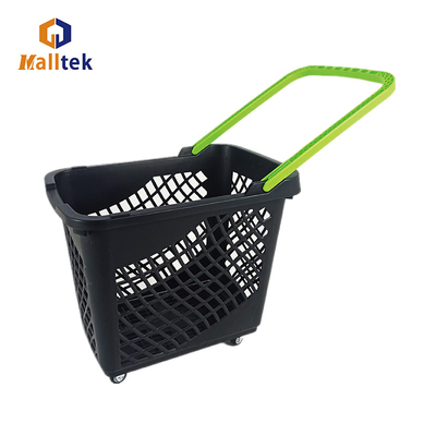 Large Capacity Supermarket Handle Plastic Shopping Baskets With 4 Wheels
