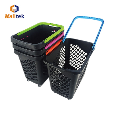Large Capacity Supermarket Handle Plastic Shopping Baskets With 4 Wheels