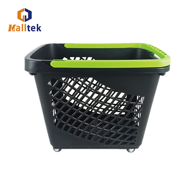 Large Capacity Supermarket Handle Plastic Shopping Baskets With 4 Wheels