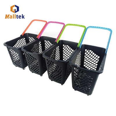 Large Capacity Supermarket Handle Plastic Shopping Baskets With 4 Wheels